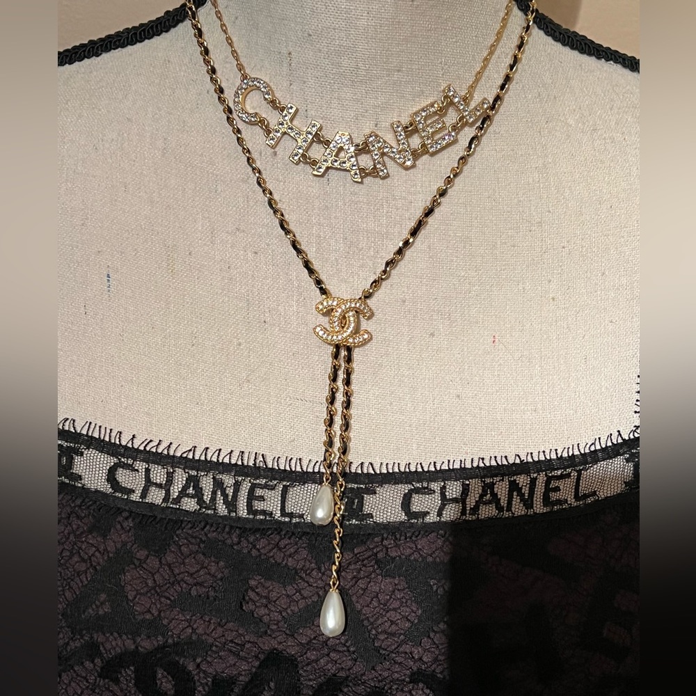 Chanel RARE Lariat Bolo Necklace 20B Braided leather chain and strassed CC